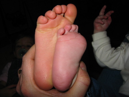 Hannah's foot on the left and Hylton's foot on the right